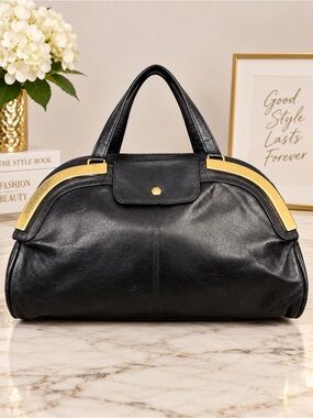 Vintage Pansy Black Leather Kisslock Frame Bag Gold Accents Handbag